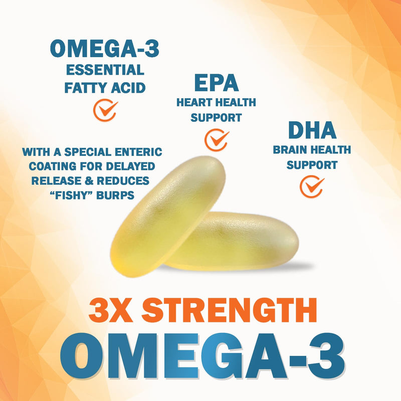Omega 3 Fish Oil Supplements - 2400mg Fish Oil Per Serving - Triple Strength Omega-3 with EPA & DHA Fatty Acids - Natural Heart, Brain & Immune Support - Wild Caught, Bottled in USA - 180 Softgels 180 Count (Pack of 1)