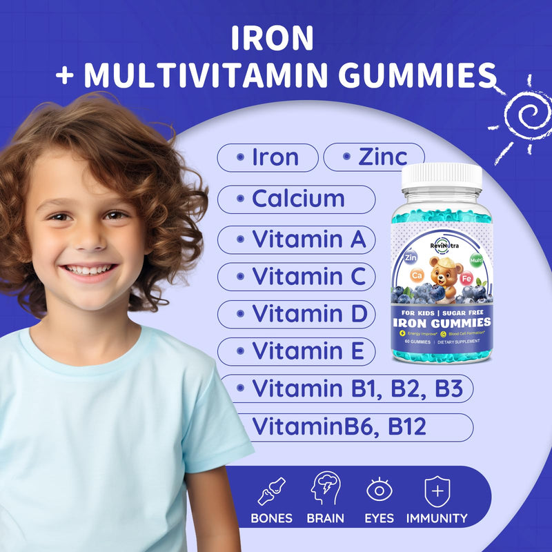 with Calcium, Zinc, Kids Multivitamin with Iron Gummies - Immune Support, Blood Builder & Energy Support for Iron Deficiency, Anemia, Vegan - 60 Gummies Blueberry Flavor 60 Count (Pack of 1)