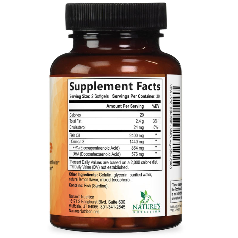 Omega 3 Fish Oil Supplements - 2400mg Fish Oil Per Serving - Triple Strength Omega-3 with EPA & DHA Fatty Acids - Natural Heart, Brain & Immune Support - Wild Caught, Bottled in USA - 60 Softgels 60 Count (Pack of 1)