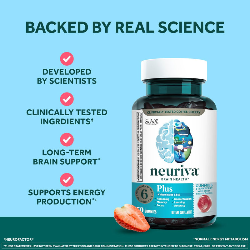 NEURIVA Plus Decaff Nootropic Brain Supplement for Memory, Focus & Concentration & Cognitive Function, Clinically Tested NeuroFactor, Phosphat, Vitamins B6 B12, 50ct Strawberry Gummies (Pack of 2) 50 Count (Pack of 2) Brain gummies