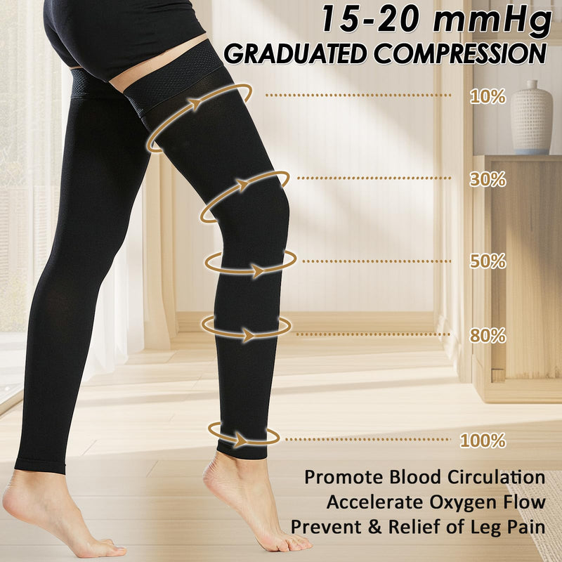 Beister 15-20 mmHg Compression Stockings for Women & Men, Thigh High Medical Footless Graduated Compression Sleeves with Dot Silicone Band, Support Pressure Socks for Varicose Veins, Edema, DVT Black XL
