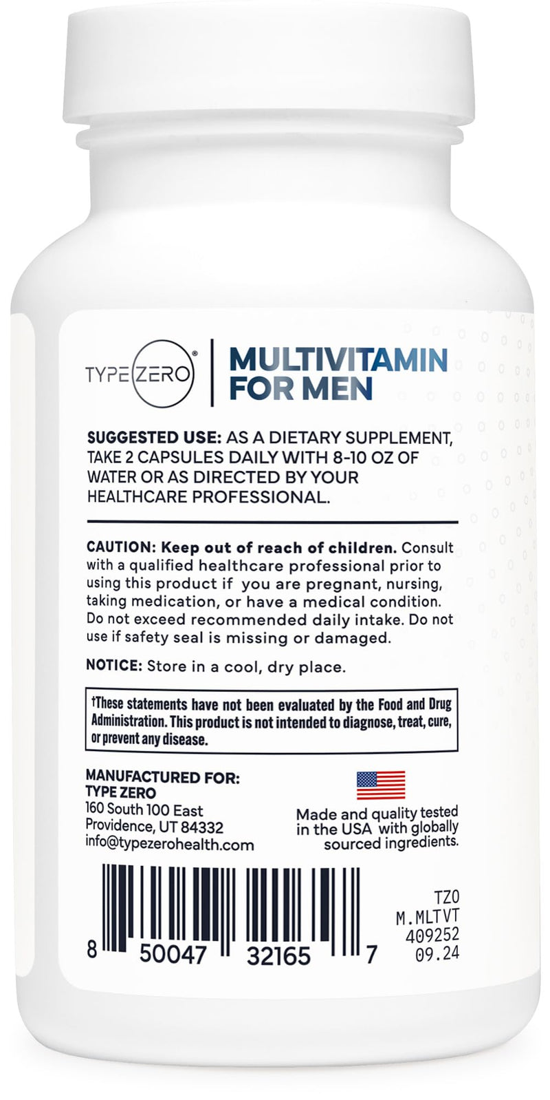 Type Zero Multivitamin Capsules for Men (1200mg) 120 Capsules, Gluten-Free | 23 Vitamins & Minerals, GMO-Free, 60 Servings