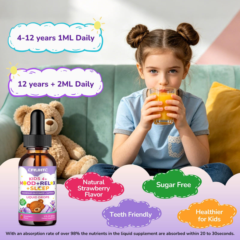Kids Magnesium + Saffron Liquid Drops - Magnesium Glycinate Saffron for Kids with L-Theanine, Omega-3, Vitamin B6, D3, K2, Magnesium Drops for Children Mood, Relax, Sleep, Strawberry Flavor, 4 Fl Oz 2 Fl Oz (Pack of 2)