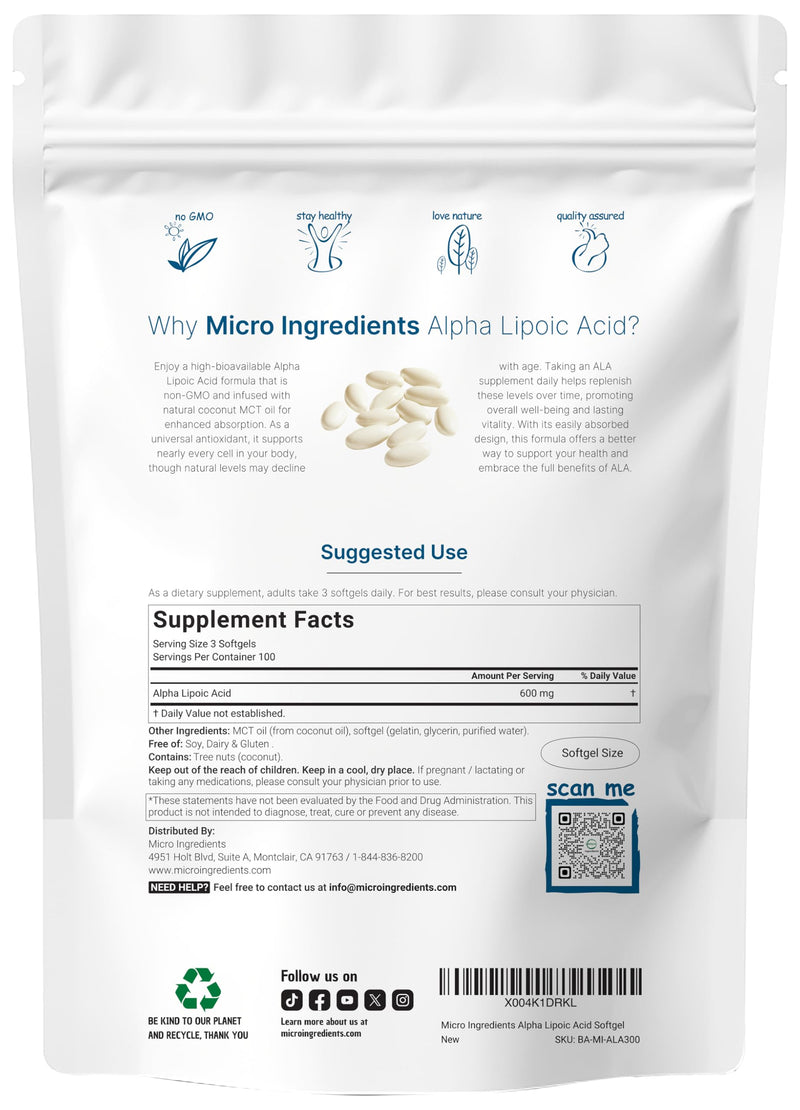 Micro Ingredients Alpha Lipoic Acid 600mg with MCT Oil, 300 Softgels | ALA Supplement for Liver, Antioxidants, Nerve, Cardiovascular Health Support | Non-GMO, Gluten-Free, Soy-Free