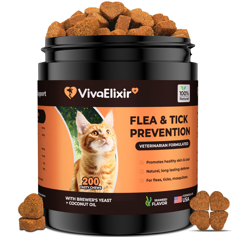 Flea & Tick Treatment for Cats – Natural Flea, Tick & Mosquito Prevention with Brewer’s Yeast, Coconut Oil – Skin & Coat Health, Immune Support – Vet Formulated 200 Chews