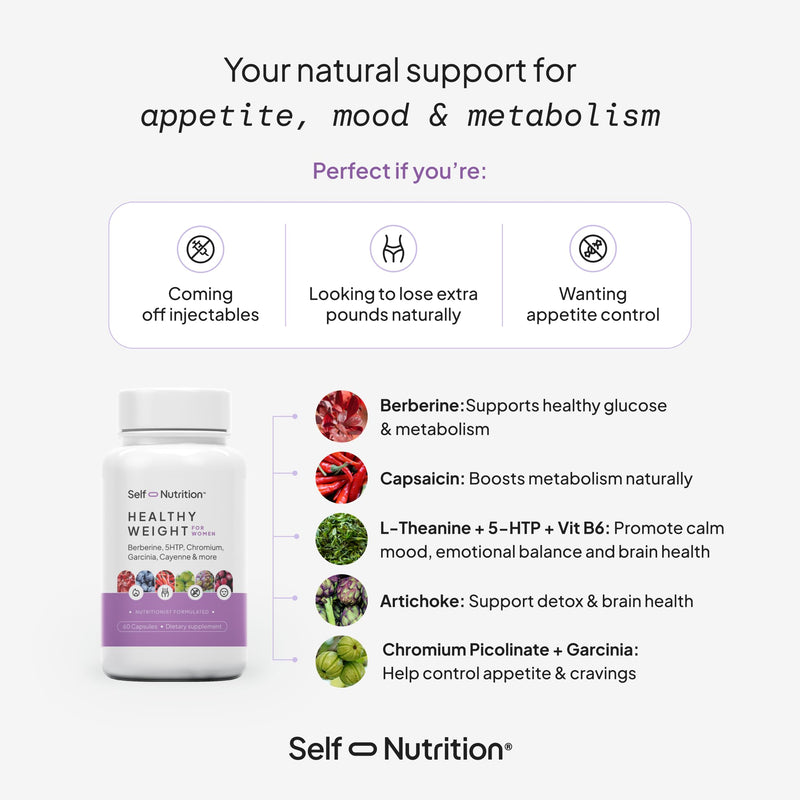 SELF NUTRITION Healthy Weight Loss Supplement for Women - Third-Party Tested - Appetite and Craving Control, Fat Burner, Weight Loss Supplement, Metabolism and Mood Booster - Made in USA, 60 Capsules