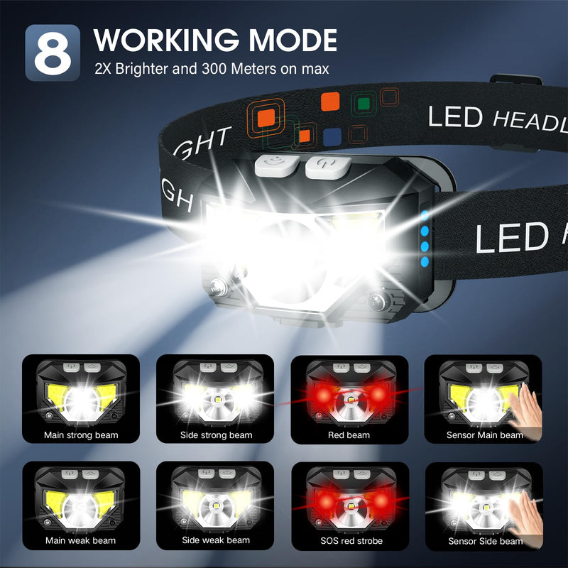 LHKNL Headlamp Flashlight,4-Pack Lumen Ultra Bright LED Rechargeable Headlight with White Red Light,Waterproof Motion Sensor Head Lamp,8 Mode for Outdoor Camping Running Cycling Fishing Black Grey 4 Packs