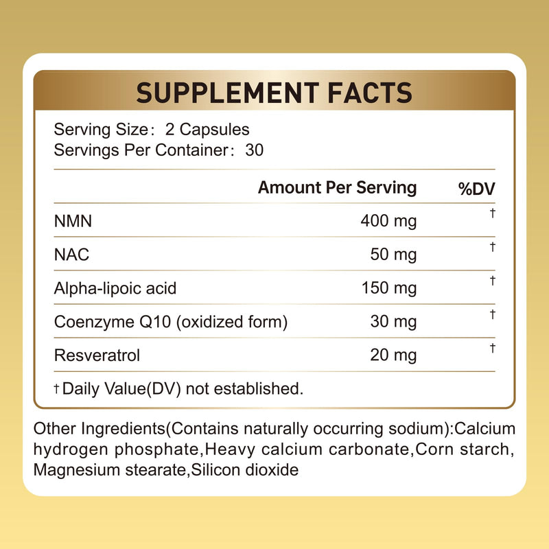 7 in 1 400mg NMN Supplement with NAC, Resveratrol & Coenzyme Q10 for Increased NAD Levels*, DNA Repair, Energy, Focus & Healthy Aging*, High Absorption Cellular Health Complex, 60 Capsules