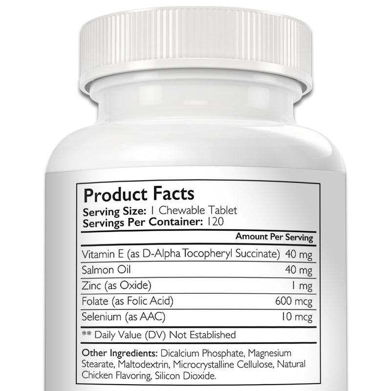 Vitamin E for Dogs, Promote Cardiovascular Health, Support Cell Membranes, Vitamin E Complex to Boost Dog Immune System Plus Zinc, Selenium, Folate, Salmon Oil, 120 Chewable Tablets