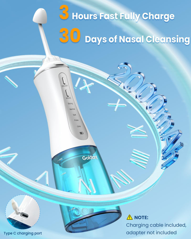 350ML Neti Pot Sinus Rinse Kit, Nasal Irrigation System with 5 Modes, 4 Nozzles, Cordless Rechargeable, IPX7 Waterproof, Nose Cleaner for Sinus Relief (350ML 40 Salt Packets) - BeesActive Australia