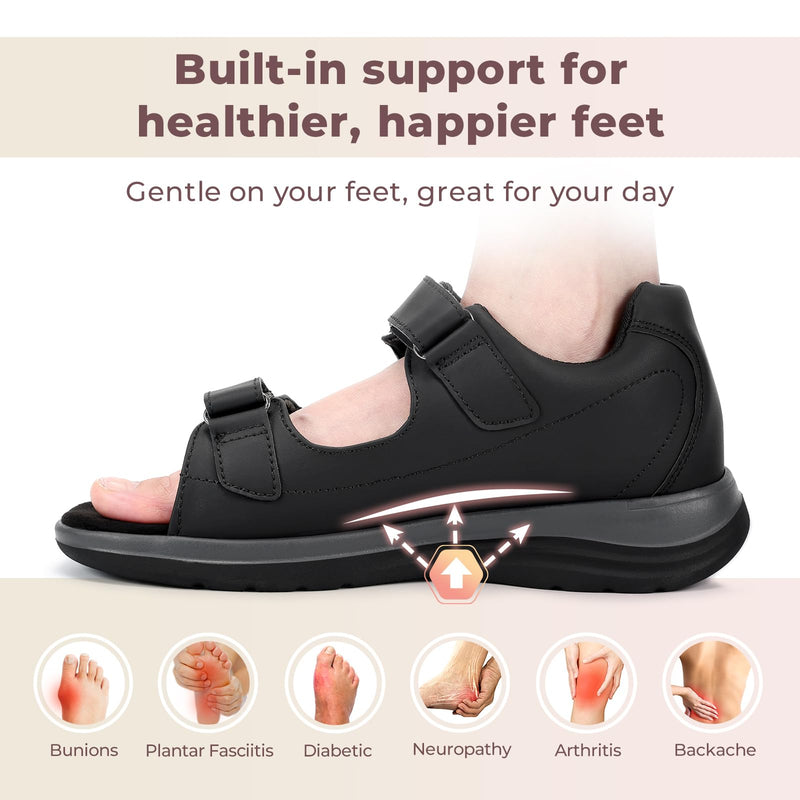 FitVille Diabetic Sandals for Women Wide Width, Open Toe Orthopedic Wide Sandals for Women with Adjustable Straps and Arch Support for Bunions, Plantar Fasciitis, Swollen Feet Black 8.5 Wide