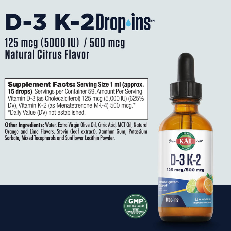 KAL D3 K2 DropIns 125/500 mcg, Natural Citrus Flavor, 2 fl oz | Bone, Teeth, Heart & Immune Support - Liquid Vitamin D3 & K2 - Approximately 59 Servings - Lab Verified