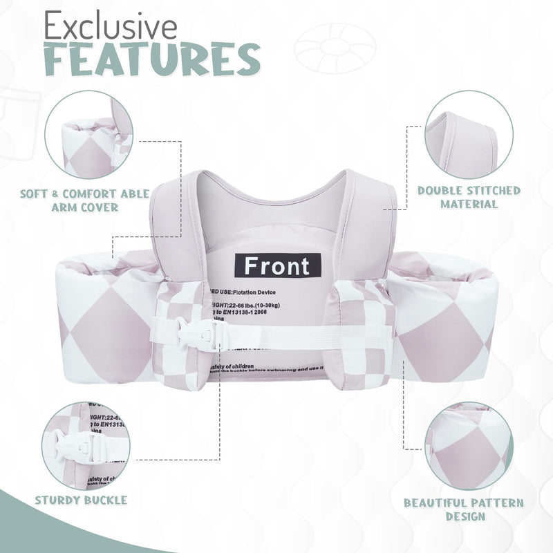 KIDSco Swim Vest for Kids 30-50 lbs. A Puddle Jumper Swimming Float Aid with Shoulder Straps and Arm Water Wings. for Boys and Girls Aged 2-6 Tan Checkerboard