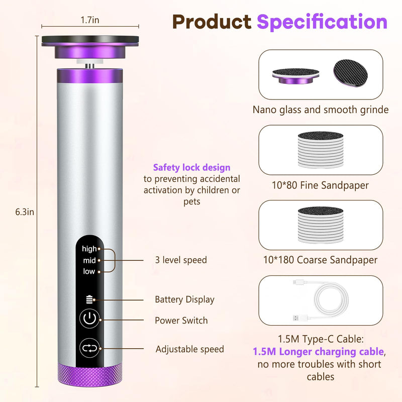 Electric Foot Callus Remover with Nano-Glass Head, Rechargeable Electric Foot File with Upgraded Powerful Metal Gear Motor, Premium Aluminum Cordless Callus Remover for Feet, Gifts for Men Women purple - BeesActive Australia