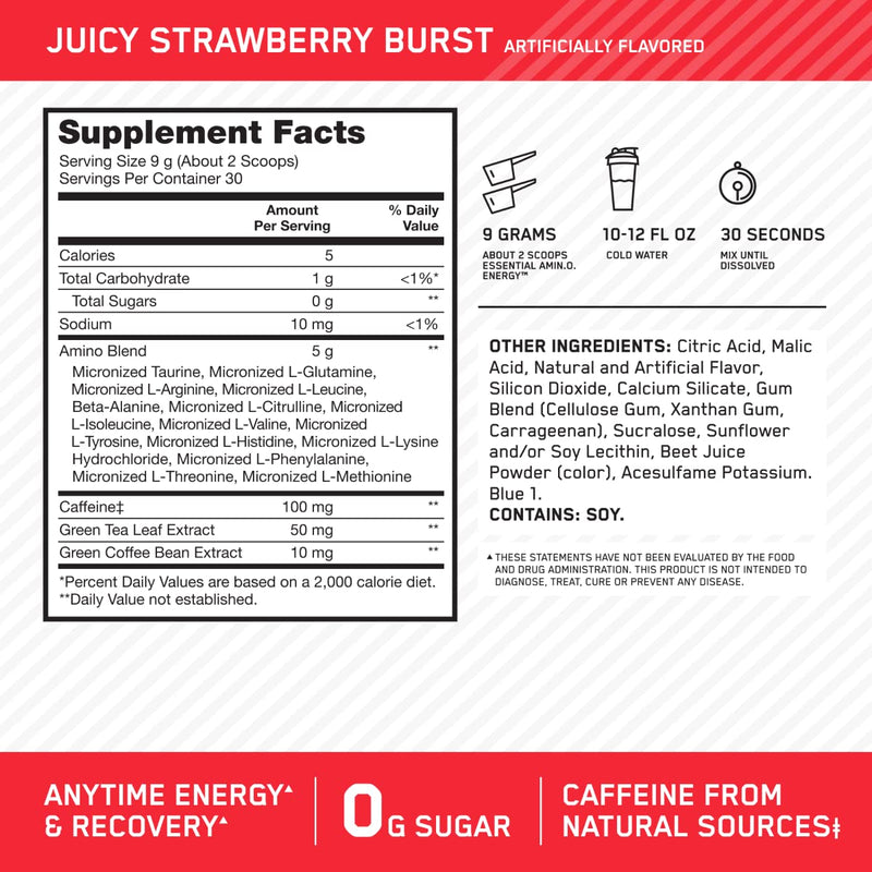 Optimum Nutrition Amino Energy Powder, Juicy Strawberry, 9.5 Oz Juicy Strawberry Burst 9.5 Ounce (Pack of 1)