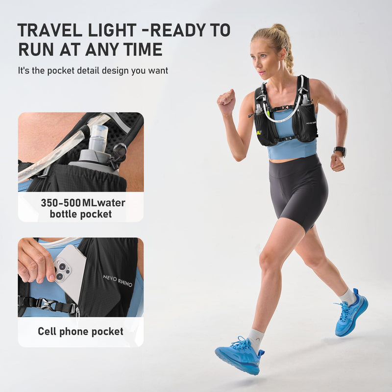 N NEVO RHINO Running Vest, Lightweight Hydration Vest, Insulated Water Backpack with 1.5L Water Bladder for Hiking, Trail, Running,Marathons,Cycling Black