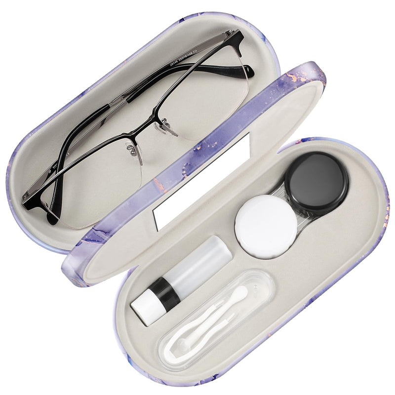 Fintie 2 in 1 Contact Lens Case and Eyeglasses Case, Double Sided Portable Eyeglasses Travel Holder with Built-in Mirror, Tweezer and Contact Lens Solution Bottle Included Lilac Marble