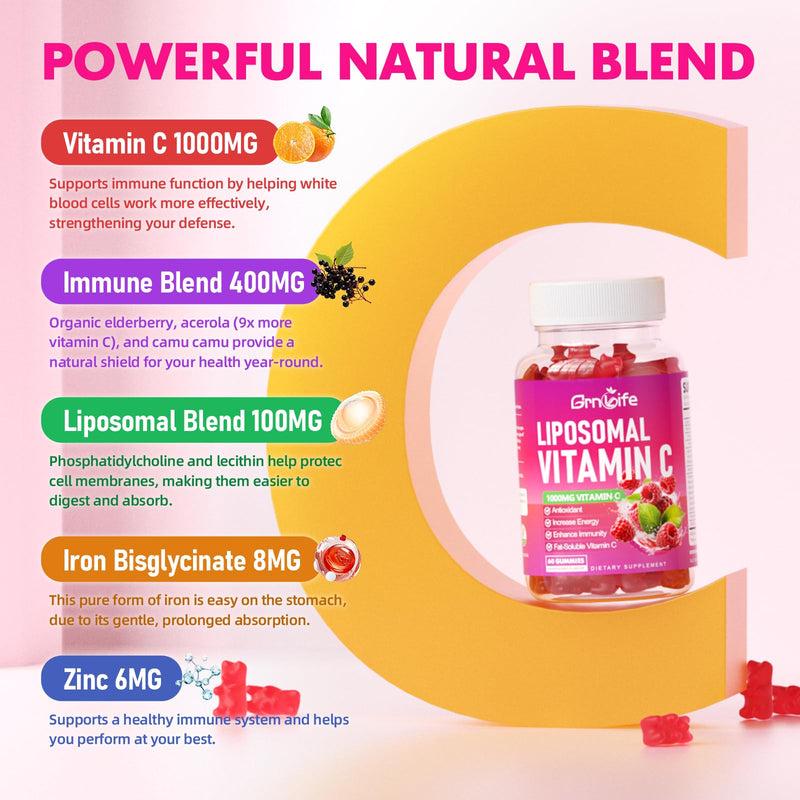 2 Pack Liposomal Vitamin C 1000mg Gummies for Adults Kids, 1500mg Chewable Vitamin C w/Iron, Zinc & Elderberry - Immune Support & Energy, Collagen Booster, Raspberry, 120 Count 120 Count (Pack of 1)