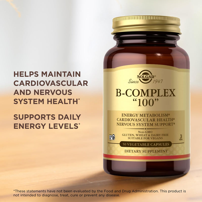 Solgar B-Complex "100", 50 Vegetable Capsules - Nervous System Support - Supports Energy Metabolism - Non-GMO, Vegan, Gluten Free, Dairy Free, Kosher - 50 Servings 50 Count (Pack of 1)