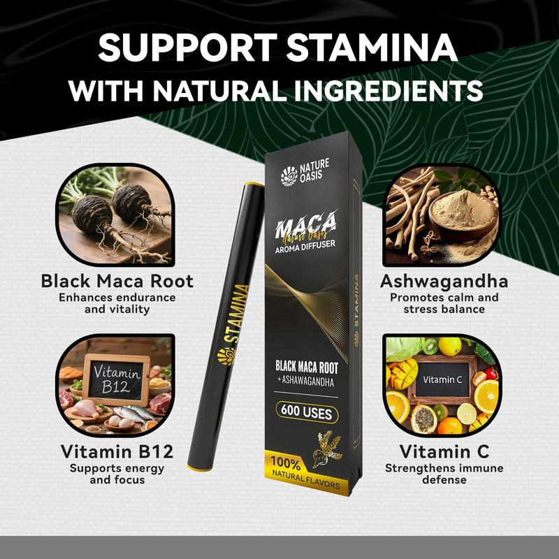 Maca Diffuser with Ashwagandha, Vitamin B12 & C ‚Äì Natural Plant-Based Stamina Stick ‚Äì Caffeine-Free Alpha Pen for Daily Vitality & Endurance