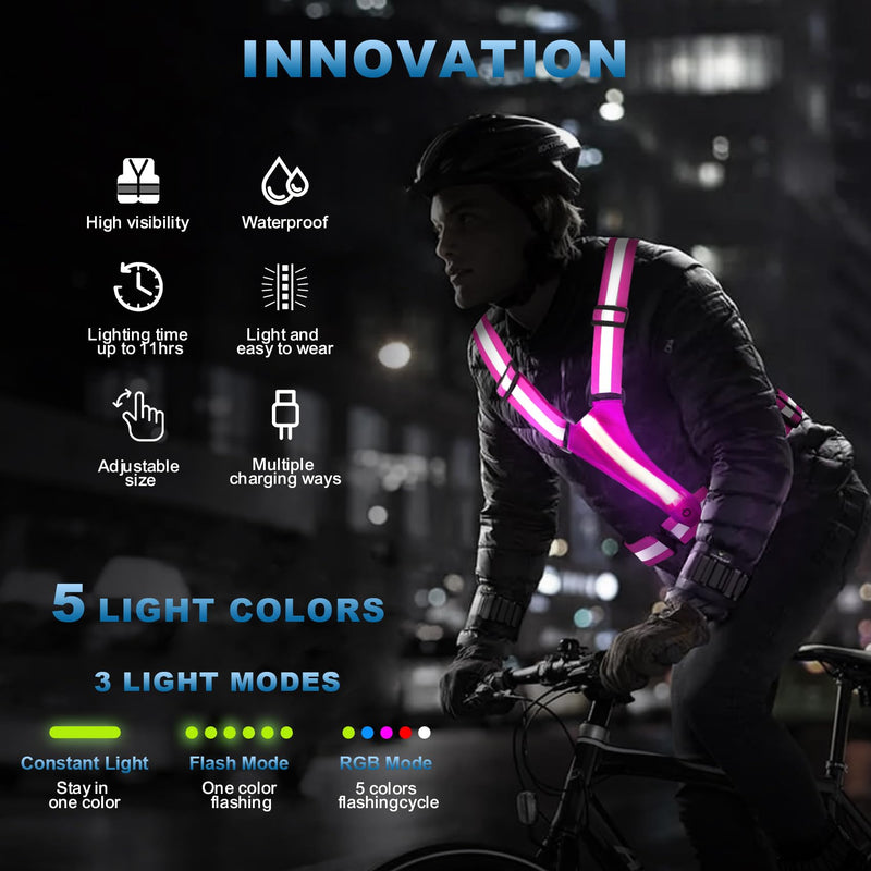 LED Reflective Running Vest Gear, Rechargeable 5 Lights Colors Adjustable Waist/Shoulder for Running Cycling Walking Pink - 2 Pack - BeesActive Australia