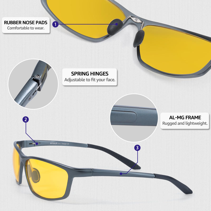 Myiaur Night Vision Glasses for Driving - Al-Mg Frame Night Driving Glasses for Men, Polarized Yellow Lenses, Anti Glare Gun/Night Vision Glasses - BeesActive Australia