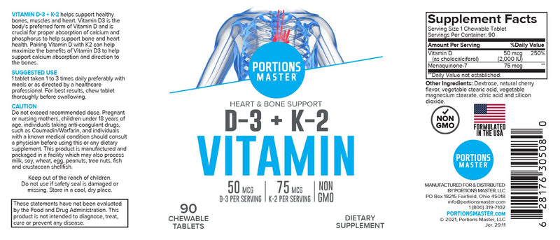 Portions Master Vitamin D3 5000 IU + K2 MK-7, Bone & Heart (60 Capsules)