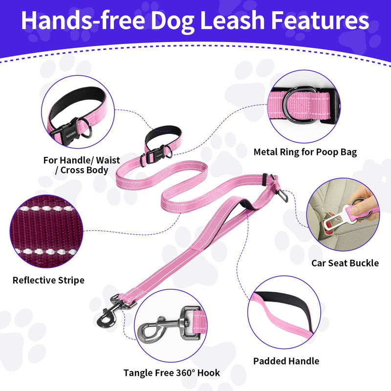 Kazazoo Hands-Free Dog Leash with Adjustable Length 6-9FT + Dual Padded Handles Reflective Safety for Walking, Jogging & Training | Suitable for Medium to Large Dogs & Puppies Pink-L L