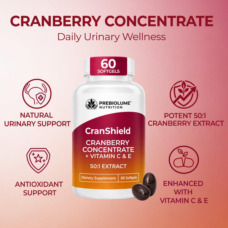 Cranberry Pills for Women - 252mg Concentrated Extract Cranberry Pills for Urinary Tract Wellness - 50:1 Ratio Fortified With Vitamin C & E Antioxidants for Women - No Added Sweetening, 60 Softgels