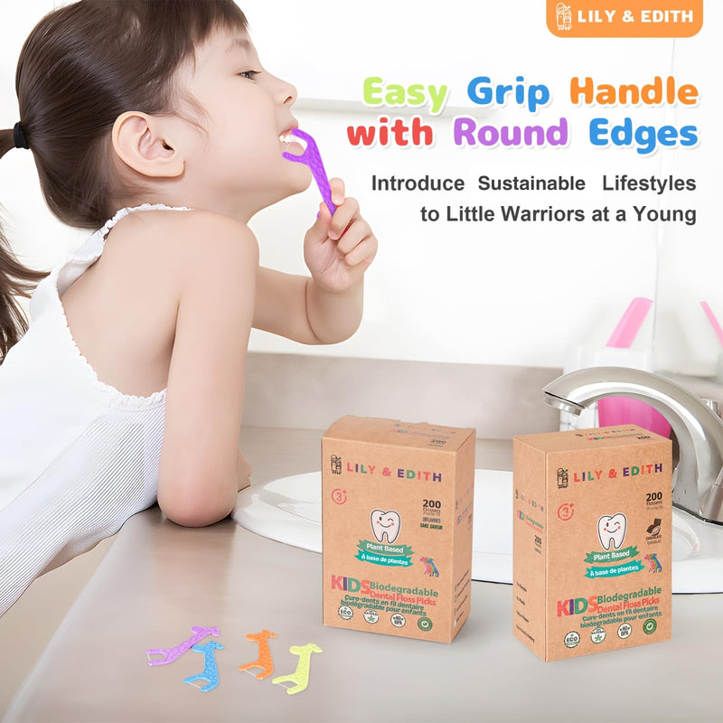 LILY & EDITH Kids Biodegradable Dental Floss Picks 200 Counts, Fluoride Free, Plant Based Material, Fun Animal Flossing Sticks, Ultra Sturdy Thread, Zero Waste Package (Unflavored) Unflavored - BeesActive Australia