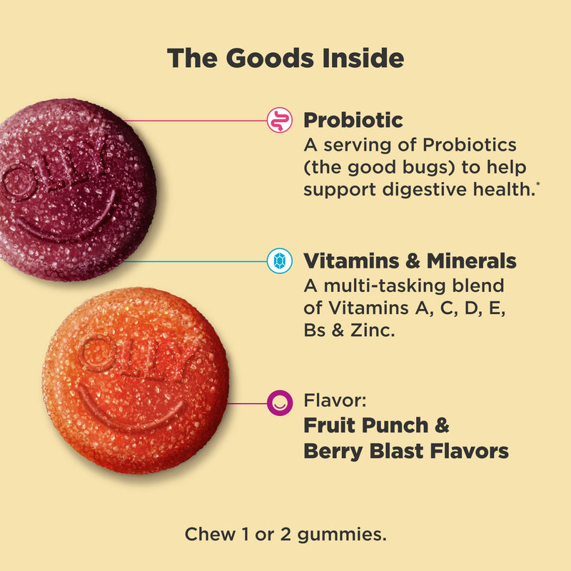 OLLY Kids Multivitamin & Probiotic Gummy,Digestive Support,Vitamins A,D,C,E,B,Zinc,Chewable Supplement,Berry Flavor,60 Day Supply -,120 Count (Pack of 2) 120 Count (Pack of 2)