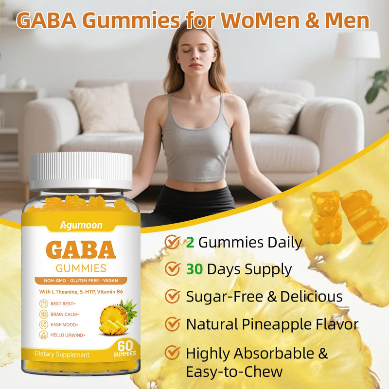 2 Pack GABA Gummies for Women & Men - Sugar-Free GABA Supplement Gummies with L-Theanine, 5-HTP, Ashwagandha, Magnesium Glycinate, Vitamin B6, Vitamin D3 - Pineapple Flavor, Vegan, 120 Gummies