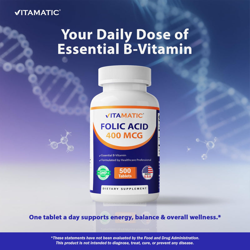 Vitamatic Folic Acid 400 mcg - 500 Vegetarian Tablets - Vitamin B9
