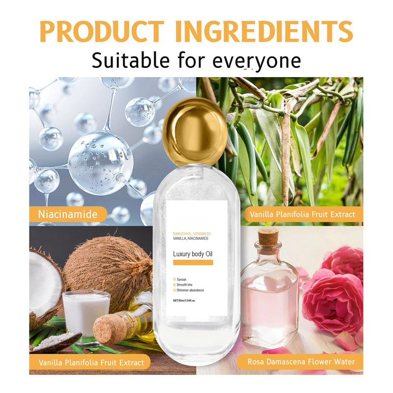 Luxury Body Oil ,90ml | with Vitamin B3, Vanilla and Coconut Oil Extra, Smooths Lines, Soothe dryness, Enhances Glow , for Radiant Skin