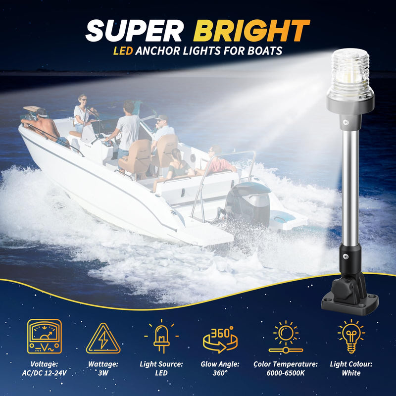 18 Inches Boat Stern Light Anchor Light LED Marine, Waterproof IP67 Fold Down White Back Boat Navigation Lights for Pontoon, Jon Boats, Bass Boat (12-24V) 18 Inches