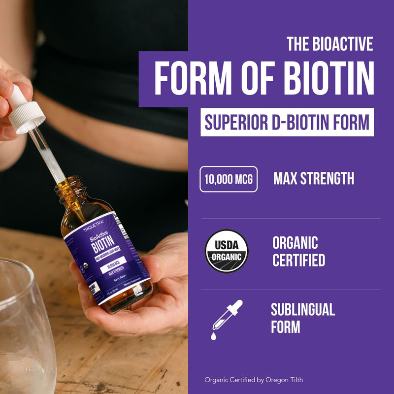 Liquid Biotin 10,000mcg Drops for Women – Organic USP Grade Dietary Supplement – High-Absorption Formula – Supports Healthy Hair, Skin & Nails – Natural Berry Flavor – 180 Servings, 2 oz