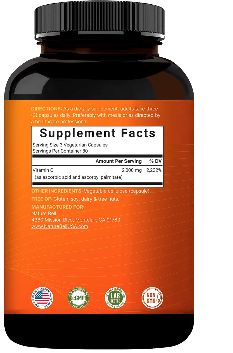 NatureBell Vitamin C 2000 mg Per Serving, 240 Vegetarian Capsules | Water & Fat Soluble Vitamin C for Daily Use (Ascorbic Acid & Ascorbyl Palmitate) | Non-GMO, Gluten Free