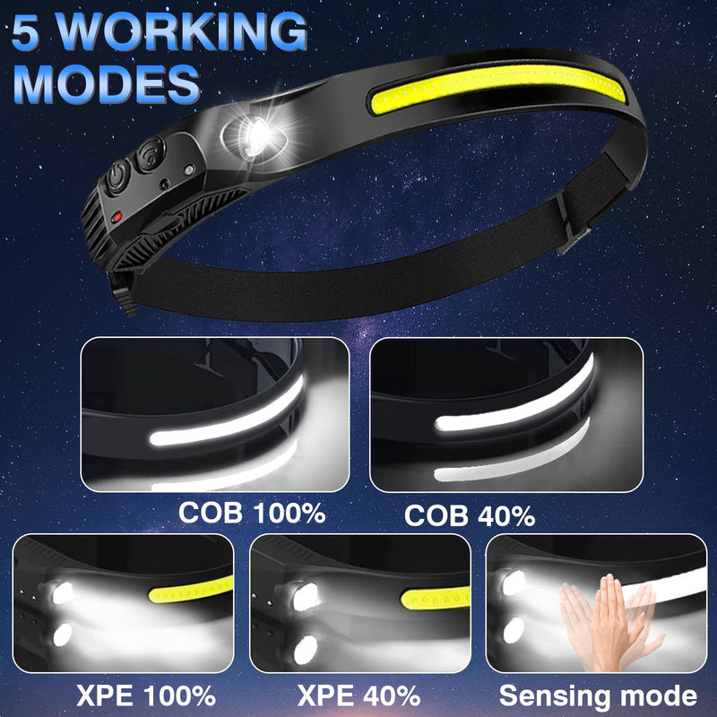 Rechargeable Headlamps 5 Pack,Motion Sensor Head Lights for Forehead,2000mAh Battery Powered Head Lamps LED Rechargeable,5 Modes Headlamp for Hard Hat,Outdoor Camping Five Pack