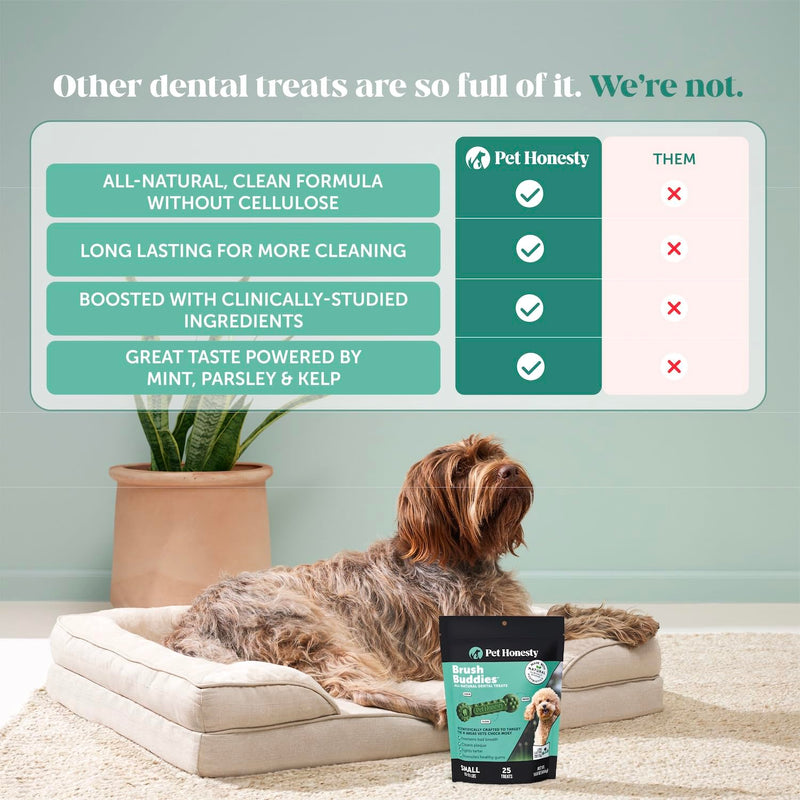 Pet Honesty Brush Buddies All Natural Dog Dental Treats for Dogs – Long Lasting Dental Sticks for Dogs, Teeth Cleaner, Breath Freshener, Plaque & Tartar Remover – Small Dogs (25 Count) Small Dog - 25 Count