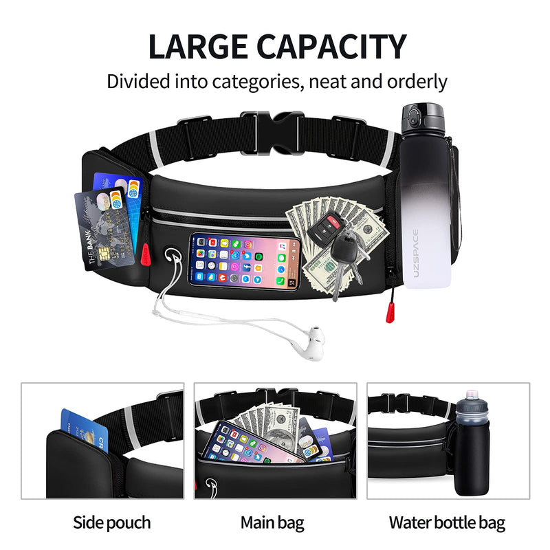 Hydration Running Belt for Women Men Running Fanny Pack with Foldable Water Bottle Holder (Bottles NOT Included) for Walking No Bounce Adjustable Waist Pouch for Runners Jogging black