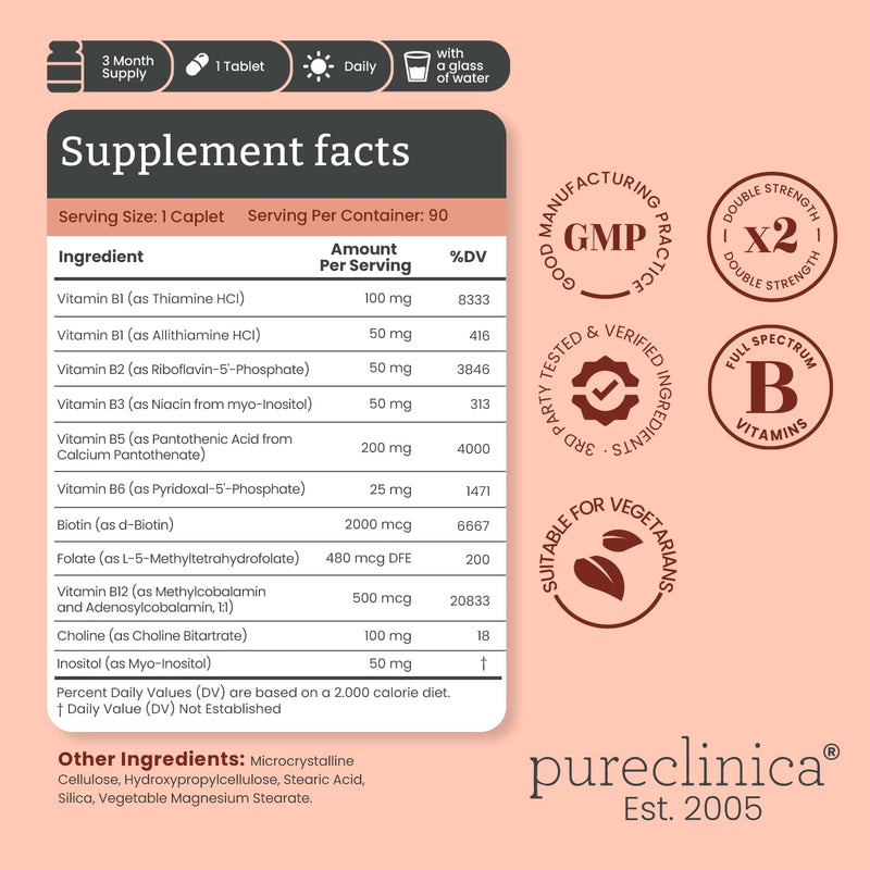 pureclinica 400% Strength Biotin 40,000mcg x 180 Caplets (2 Bottles of 90) – BioVOL²® Liposomal Biotin Complex | with Marine Collagen, Keratin, Vitamin C & More | 6 Months Supply 90 Count (Pack of 2)
