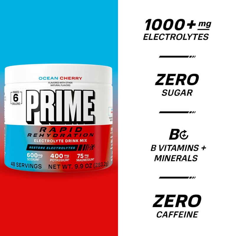 Prime Rapid Rehydration Electrolyte Powder, Ocean Cherry, Sugar Free Hydration Drink Mix with Sodium, Potassium, Magnesium & B Vitamins to Replenish Fluids, Caffeine Free, 6 Gallon Tub, 48 SRV