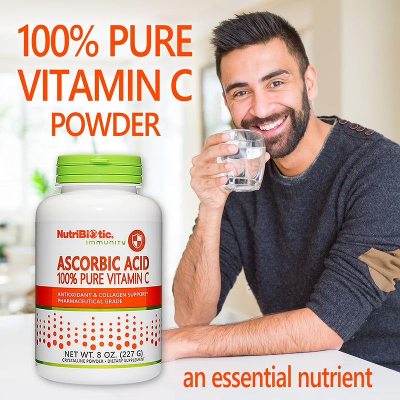 NutriBiotic Ascorbic Acid Vitamin C Powder, 8 Oz | Pharmaceutical Grade L-Ascorbic Acid, 2000 Mg Per Serving | Essential Immune & Antioxidant Collagen Support Supplement | Vegan, Gluten & GMO Free Unflavored 8 Ounce (Pack of 1)
