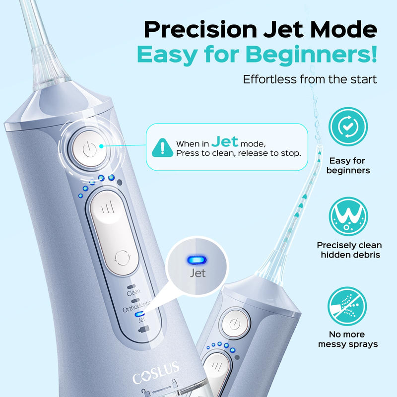 COSLUS C51 Portable Water Flosser for Teeth: 3 Modes & 6 Pressure Settings with Jet Mode Water Dental Pick for Orthodontic, Braces, Sensitive Gums, Compact for Travel, 300ML for Multiple Users, Blue