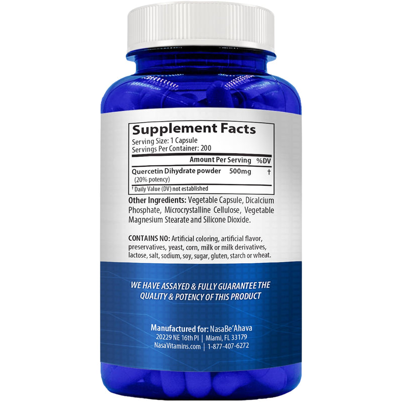Quercetin 500mg Capsules | Vegan Friendly Quercetin Dihydrate High Potency Antioxidant Supplement for Skin Heart and Immune Support | Gluten-Free | Made in the USA in GMP Facilities (200 Servings)