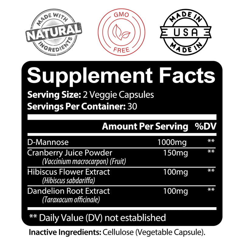 Kaya Naturals - D-Mannose - Urinary Tract UT Cleanse & Bladder Health - Made with Cranberry, Hibiscus & Dandelion Root - D Mannose Capsules Cranberry Supplement - 60 Veggie Capsules 60 Count (Pack of 1)