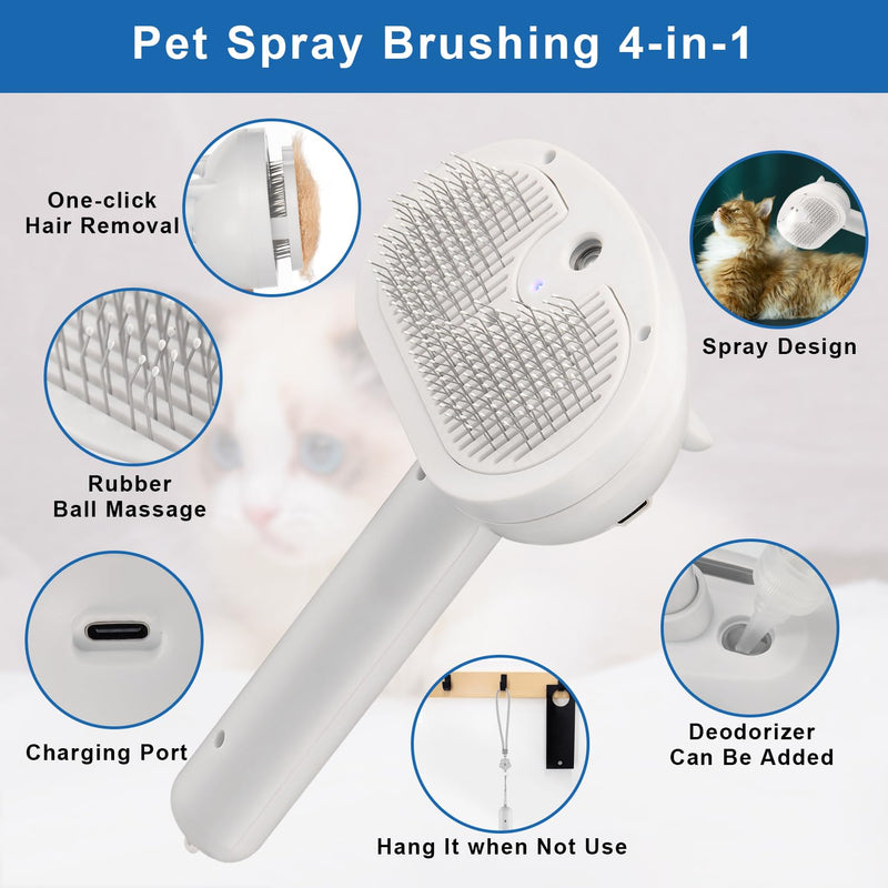 Pet Steam Hair Comb Brush for Shedding, 4 In 1 Spray Brush for Long & Short Haired Cat&Dog, Self-Cleaning Hair Remover with Water Tank And LED Blue Light, Release Button (White) White - BeesActive Australia