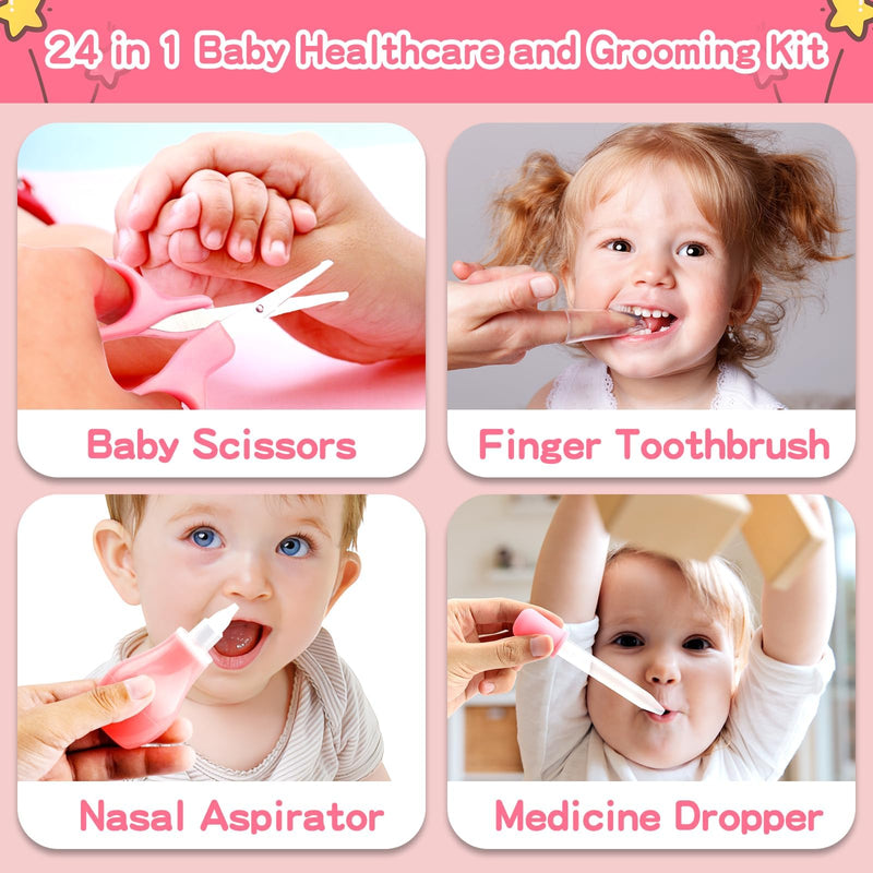 Qunlions life Baby Grooming Kit, Infant Safety Care Set with Hair Brush Comb Nail Clipper Nasal Aspirator,Baby Essentials Kit for Newborn Girls Boys, Pink-24- in-1 Pink 24 in 1 - BeesActive Australia