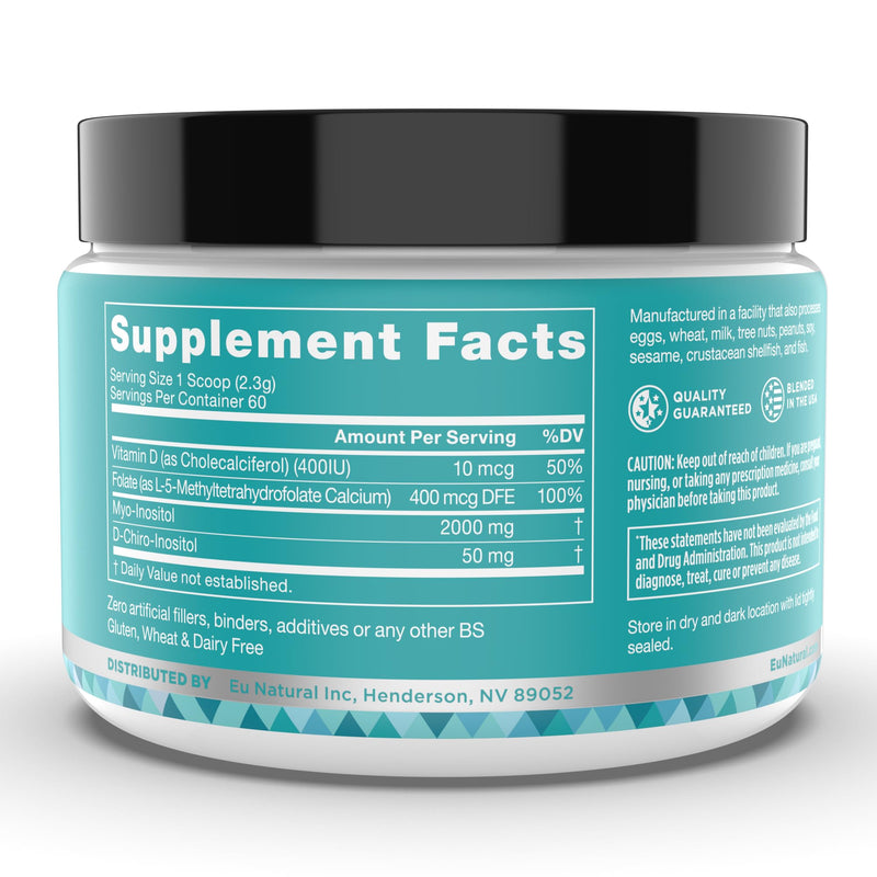 Eu Natural Regulate MAX Myo-Inositol & D-Chiro Inositol Supplement Powder for Women with Vitamin D & Folate Nutritional Support, Hormone Balance & Fertility Support, Unflavored 60 Servings - BeesActive Australia