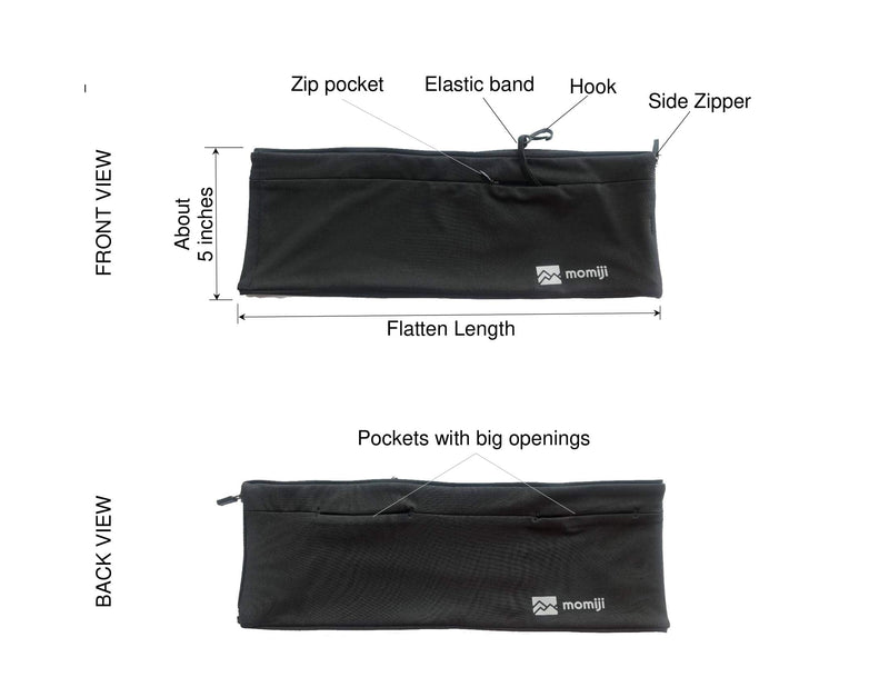 Momiji Innovations 2021- Side Zip ON Running Waist Belt - Men Women Wide Pocket Opening Large Capacity Zip-On No Bounce Chafing Buckle Free Reflective Light Machine Washable Water Resistance Zipper Unstretched Medium (28")